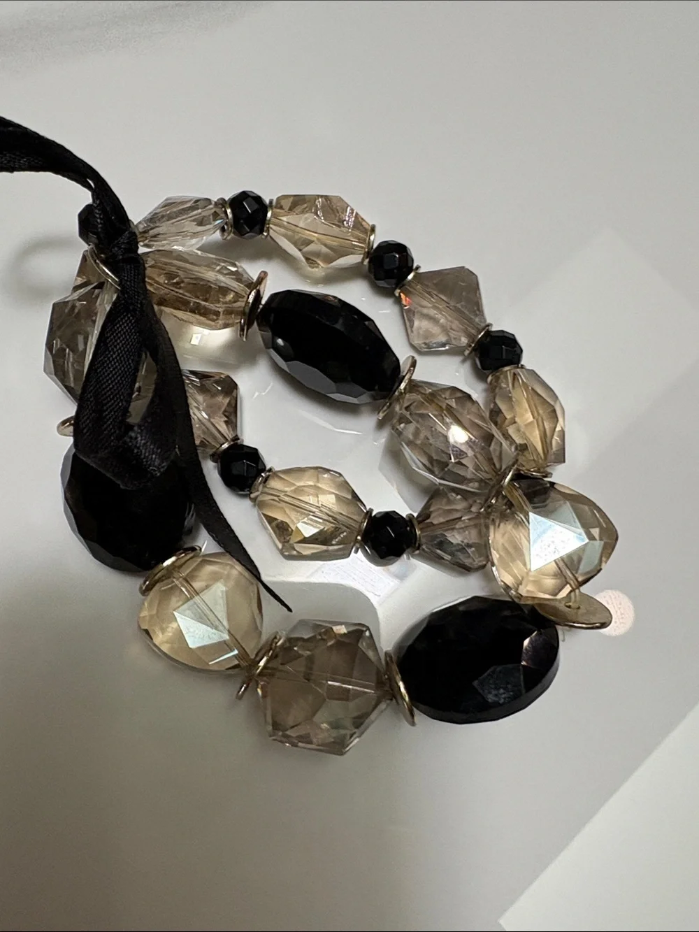Elegant Black and Champagne glass  Beaded Bracelet with Ribbon Tie set of 2